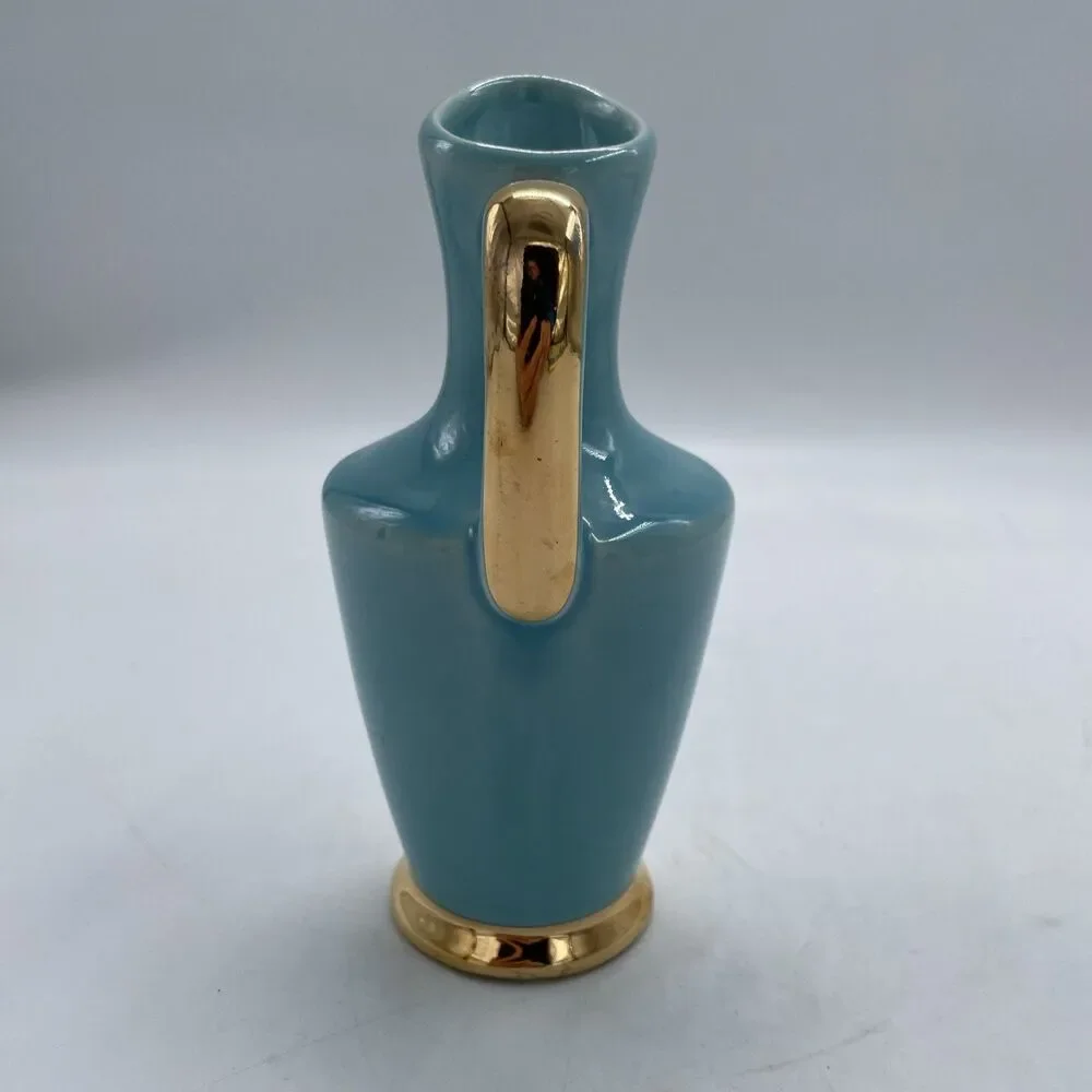 Vintage American Art Pottery Blue with Gold Gilt 7” Pitcher Vase Signed USA 210